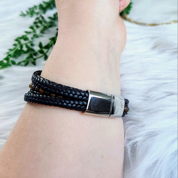 New Ryze Men's Black Vegan Leather  Tigers Eye Accent Stone Wrap Bracelet - Picture 8 of 8